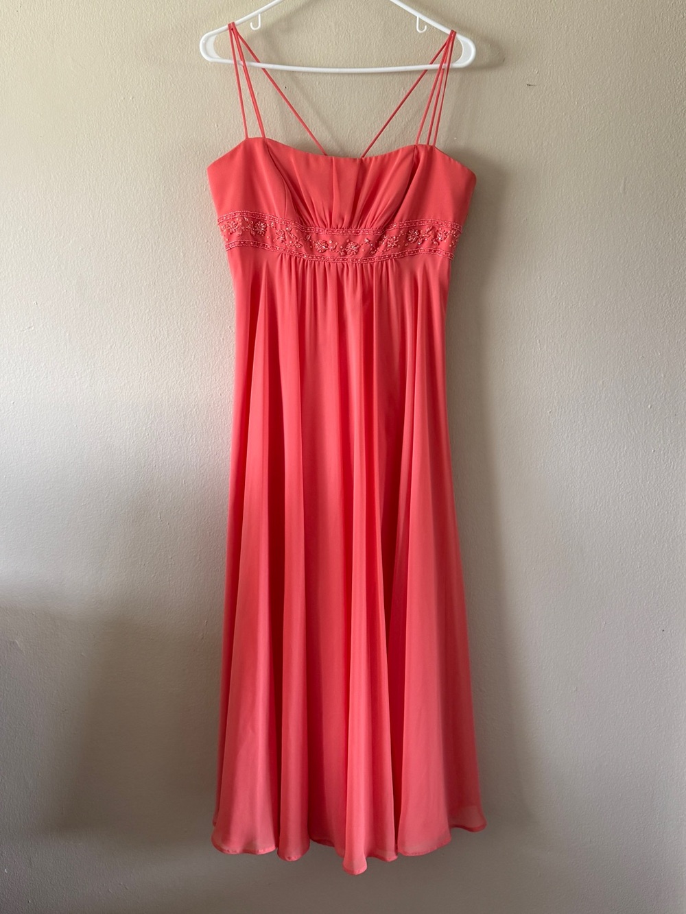 Davids Bridal Beaded Empire Waist Chiffon Bridesmaid Dress Coral Pink Size 12